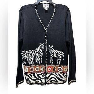 Vintage Ronnie Salloway Black Zebra Knit And Beaded Sweater / Cardigan
